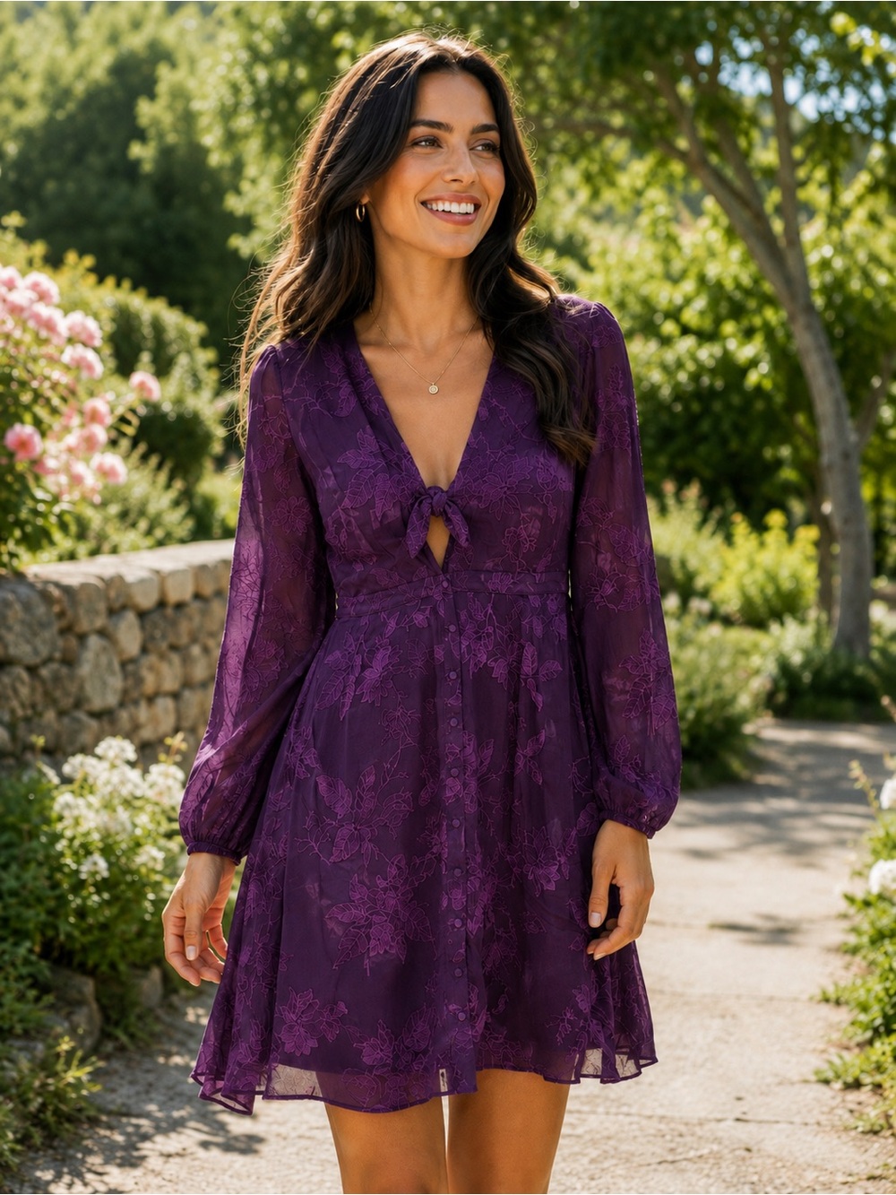 the clothing company Purple Floral V-Neck Mini Dress with Tie